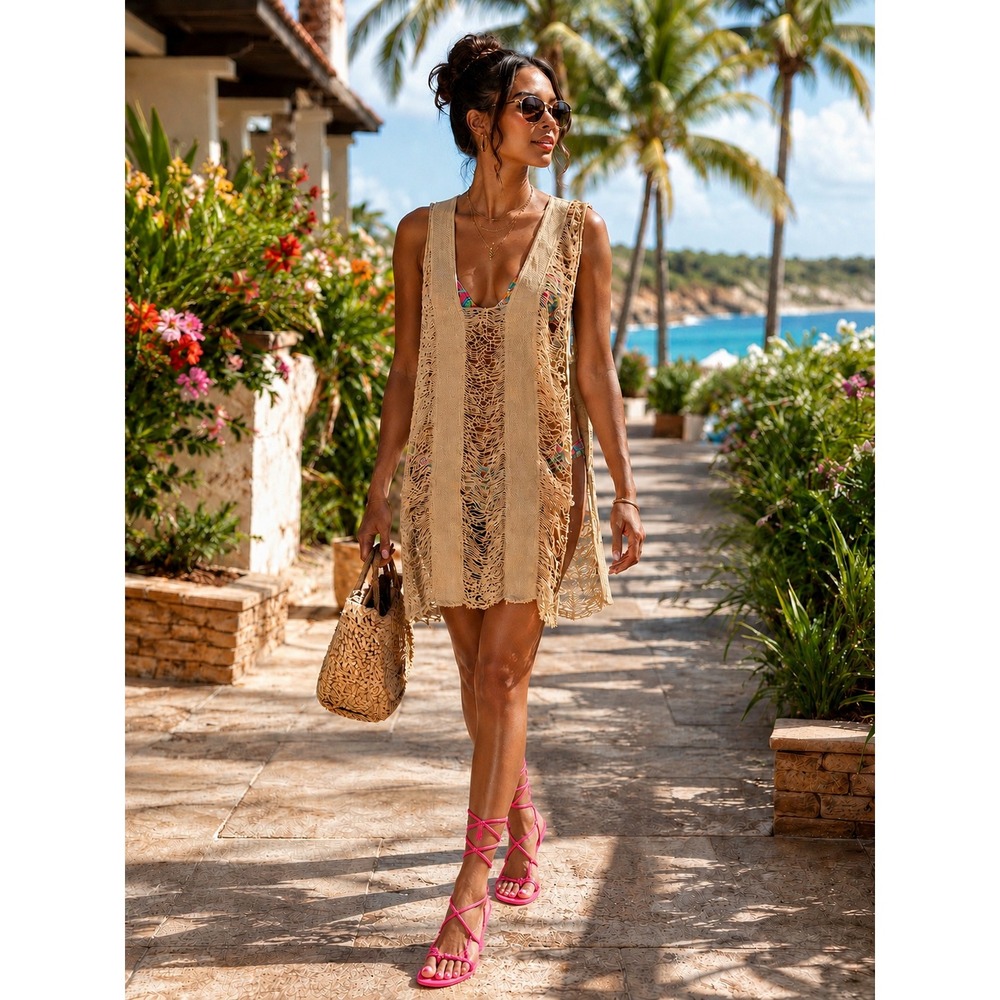 Unbranded Tan Beige Shredded Ladder Cut Swim Cover Up Boho Beach Tunic One Size